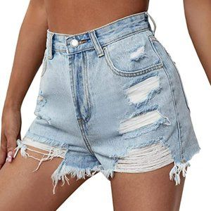Women's Ripped Raw Hem High Waisted Distressed Denim Shorts